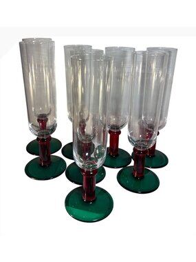 8 Acrylic Champagne Flutes Red Stem Green Base & Clear 9.5" Tall Christmas Vtg